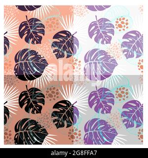 Leaf seamless pattern vector illustration set, abstract tropical monstera leaves, floral leaf design wallpaper with exotic tropic nature, jungle flora Stock Vector