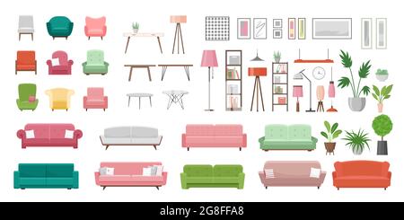 Furniture vector illustration set, cartoon flat furnishings design, designer trendy items for home apartment or office interior decor isolated on Stock Vector