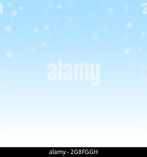 Sparse snowfall Christmas background. Subtle flying snow flakes and stars on winter sky background. Bizarre winter silver snowflake overlay template. Stock Vector