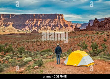 Campsite at Fisher Towers Recreation Site, camper looking at Richardson Amphitheater and Dome Plateau over Professor Valley, early morning, Utah, USA Stock Photo