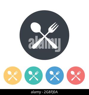 Colourful set logo of a cafe or restaurant. A spoon and fork on a plate. A simple outline. Stock Vector