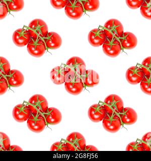 Red cherry tomatoes repeat seamless pattern on white background. Stock Photo