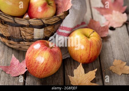 Closeup of fresh red apples on a rustic wooden table and in a basket with autumn leaves Stock Photo