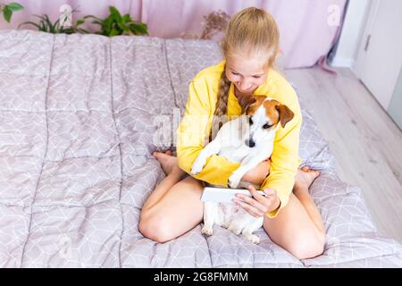A teenage girl with a mobile phone, hugging a dog Jack Russell Terrier, communicates on social networks or via Zoom with friends or family, makes a Stock Photo
