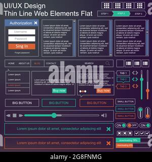 Vector UI UX kit for mobile applications and web sites. Universal user interface template with responsive design, tools and buttons. Flat menu icons a Stock Vector