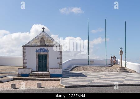 Nazare, Portugal - June 28, 2021: View of the Ermida da Memoria, the Memory Hermitage chapel in Nazare Sitio