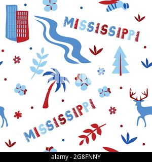 USA collection. Vector illustration of Mississippi theme. State Symbols - seamless pattern Stock Vector