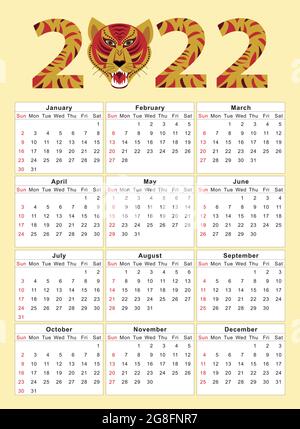 Calendar 2022 corporate design template vector. Happy new year tiger 2022 Stock Vector