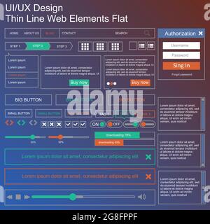 Vector UI UX kit for mobile applications and web sites. Universal user interface template with responsive design, tools and buttons. Flat menu icons a Stock Vector