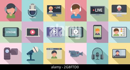 Stream icons set flat vector. Live streaming. Video watch Stock Vector
