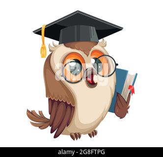Owl in graduation cap holding book. Back to school. Wise owl cartoon character. Stock vector illustration Stock Vector