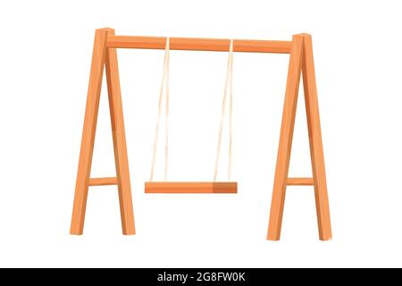 Wooden swing backyard furniture, hanging bench in cartoon style isolated on white background. Rural comfortable seat. Garden, park decoration. Vector illustration Stock Vector
