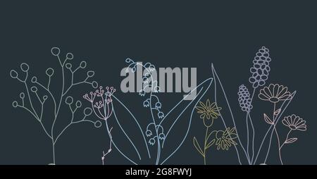 Wildflowers banner. Line flowers poster. Template for invitation to wedding. Greeting card with plants. Vector contour illustration Stock Vector