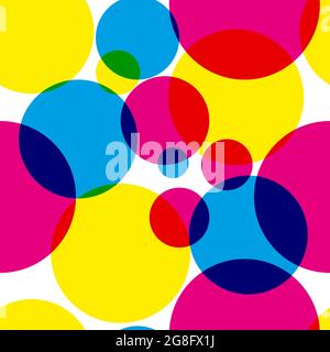 Seamless pattern with circles with CMY and RGB colors. Background with round geometric shapes. Element for birthday invitations. Bright festive colorf Stock Vector