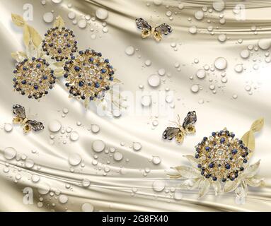 3D wallpaper,  jewelry flowers on silk background. Stock Photo