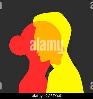 Couple in love illustration. Abstract profiles of faces of man and woman. Poster with silhouettes of girl and guy. Stock Vector