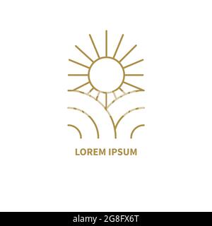 Bohemian retro linear logo with sun and fields. Minimal line golden minimalistic geometric icon in boho style Stock Vector