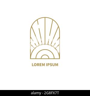Bohemian retro linear logo with sun. Minimal line golden minimalistic geometric icon in boho style Stock Vector