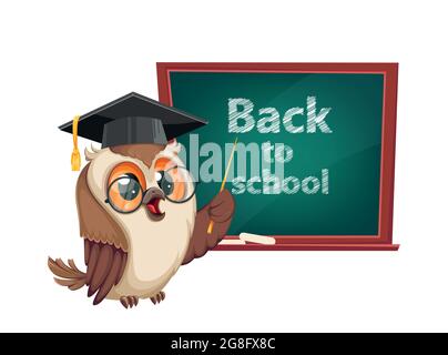 Owl in graduation cap standing near blackboard. Back to school. Wise owl cartoon character. Stock vector illustration Stock Vector