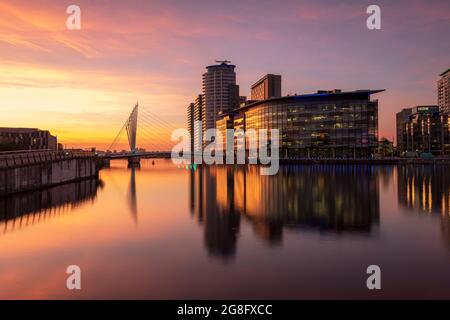 MediaCity UK reflected at night, Salford Quays, Manchester, England, United Kingdom, Europe Stock Photo