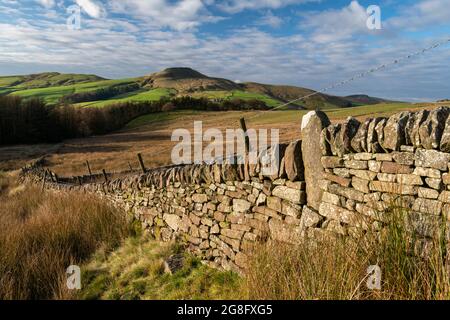 Old stone wall with the Peak of Shutlingsloe, near Wildboarclough, Peak District National Park, Cheshire, England, United Kingdom, Europe Stock Photo
