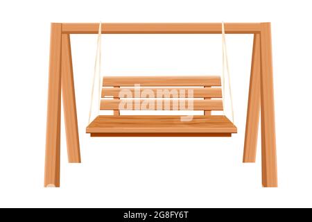 Wooden swing backyard furniture, hanging bench in cartoon style isolated on white background. Rural comfortable seat. Garden, park decoration. Vector illustration Stock Vector