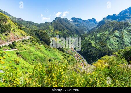High angle view of Serra de Agua village in the green valley, Ribeira Brava municipality, Madeira island, Portugal, Atlantic, Europe Stock Photo