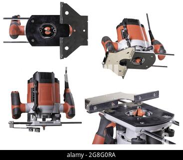 Manual electric wood milling machine. Tools for making grooves in wood. Isolated background. Stock Photo