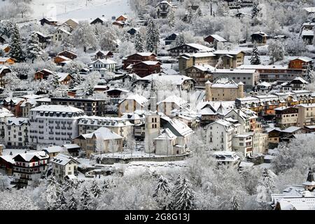 Saint Gervais Mont-Blanc village, a famous ski resort, Saint-Gervais, Haute Savoie, French Alps, France, Europe Stock Photo