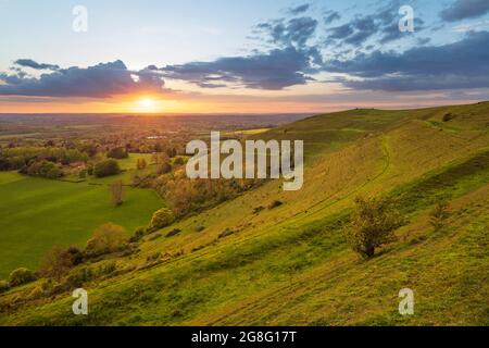 Iron-age hillfort of Hambledon Hill at sunset, Cranborne Chase AONB (Area of Outstanding Natural Beauty), Iwerne Courtney (Shroton), Dorset, England Stock Photo