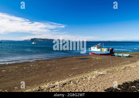 Boats in Achao village, Quinchao island, Chile Stock Photo