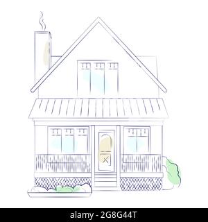Blue color outline architectural sketch of a detached family house with garden. Stock Vector