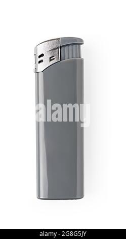 Disposable plastic gas lighter isolated on white background. Gray cigarette lighter studio shot. Smoker accessory macro. Design element. Stock Photo