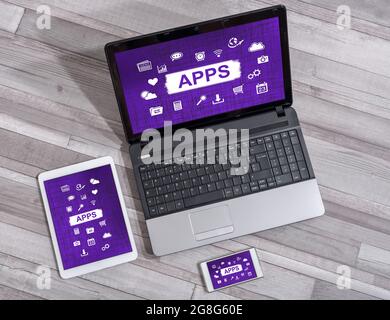 Apps concept shown on different information technology devices Stock Photo