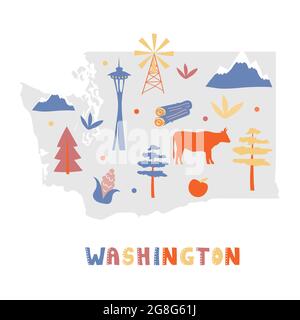 USA map collection. State symbols and nature on gray state silhouette - Washington. Cartoon simple style for print Stock Vector