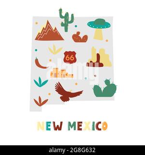 USA map collection. State symbols and nature on gray state silhouette - New Mexico. Cartoon simple style for print Stock Vector