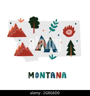 USA map collection. State symbols and nature on gray state silhouette - Montana. Cartoon simple style for print Stock Vector