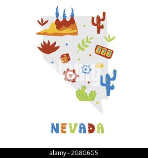 USA map collection. State symbols and nature on gray state silhouette - Nevada. Cartoon simple style for print Stock Vector