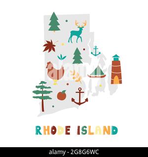 USA map collection. State symbols and nature on gray state silhouette - Rhode Island. Cartoon simple style for print Stock Vector