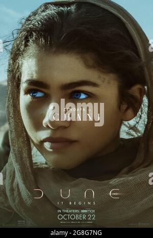 Dune (2021) directed by Denis Villeneuve and starring Zendaya as Chani. Big screen adaptation of Frank Herbert's sci-fi masterpiece about the coming of a prophesied Messiah who will lead the Fremen and take control of Arrakis and the spice that enables long distance travel through space. Stock Photo