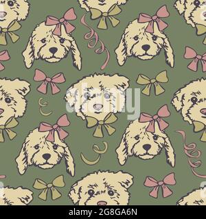 Vector seamless pattern with cute dog faces. Dog heads with bow-knots and ribbons. Stock Vector
