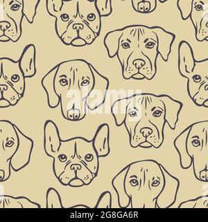 Vector seamless pattern with outlines of dogs heads. Design with portraits of different dogs. Stock Vector