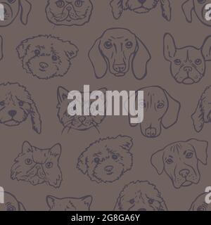 Vector seamless pattern with dog and cat faces. Cartoon dog and cat pattern. Outline animal heads. Stock Vector