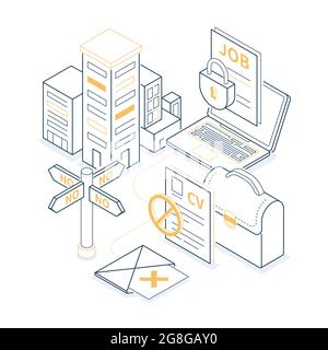 Denied job - yellow and black isometric line illustration. Non-compliance with the vacancy requirements. Employment problems idea. Office buildings, l Stock Vector