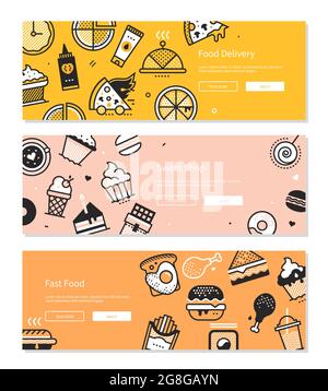 Food - line design style banners with three colored backgrounds - yellow, pink and orange. High quality images for a cafe, restaurant, shop. Donuts, c Stock Vector