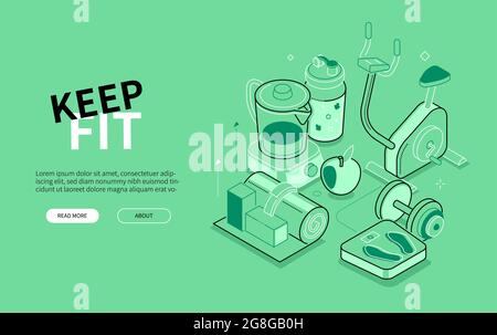 Keep fit - line design style isometric web banner. Workout, training and sportive equipment, proper nutrition and healthcare header. Water bottle, sca Stock Vector