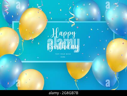 Elegant blue yellow ballon and party popper ribbon Happy Birthday celebration card banner template background Stock Vector