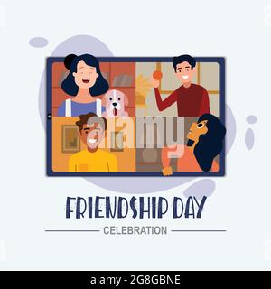 Poster of Friendship day . In this poster, friends celebrate friendship day by video calling to each other on a tab Stock Vector
