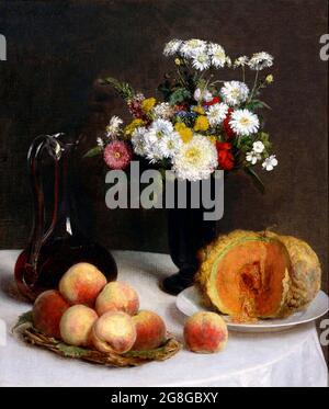 Still Life with a Carafe, Flowers and Fruit by Henri Fantin-Latour (1836-1904), oil on canvas, 1865 Stock Photo