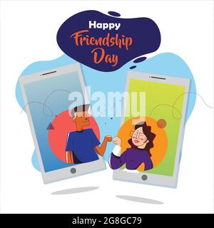 Poster of happy friendship day. In this poster girl and boy celebrate friendship day on mobile. Stock Vector